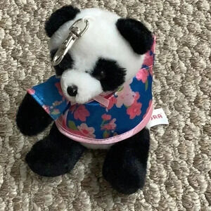 Gund Panda With Multi Color Floral Satin Shirt Keychain. Preowned